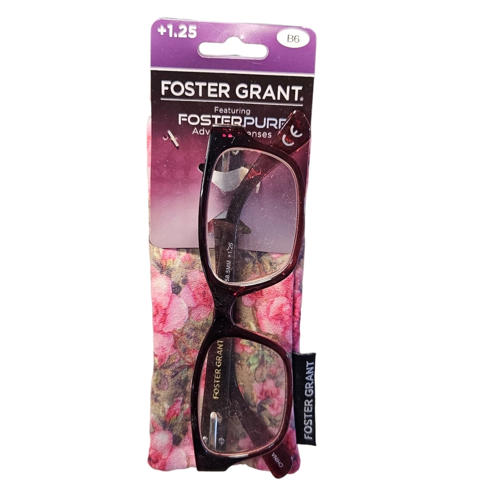 Foster Grant +1.25 Reading Glasses – Burgundy Frame with Floral Case